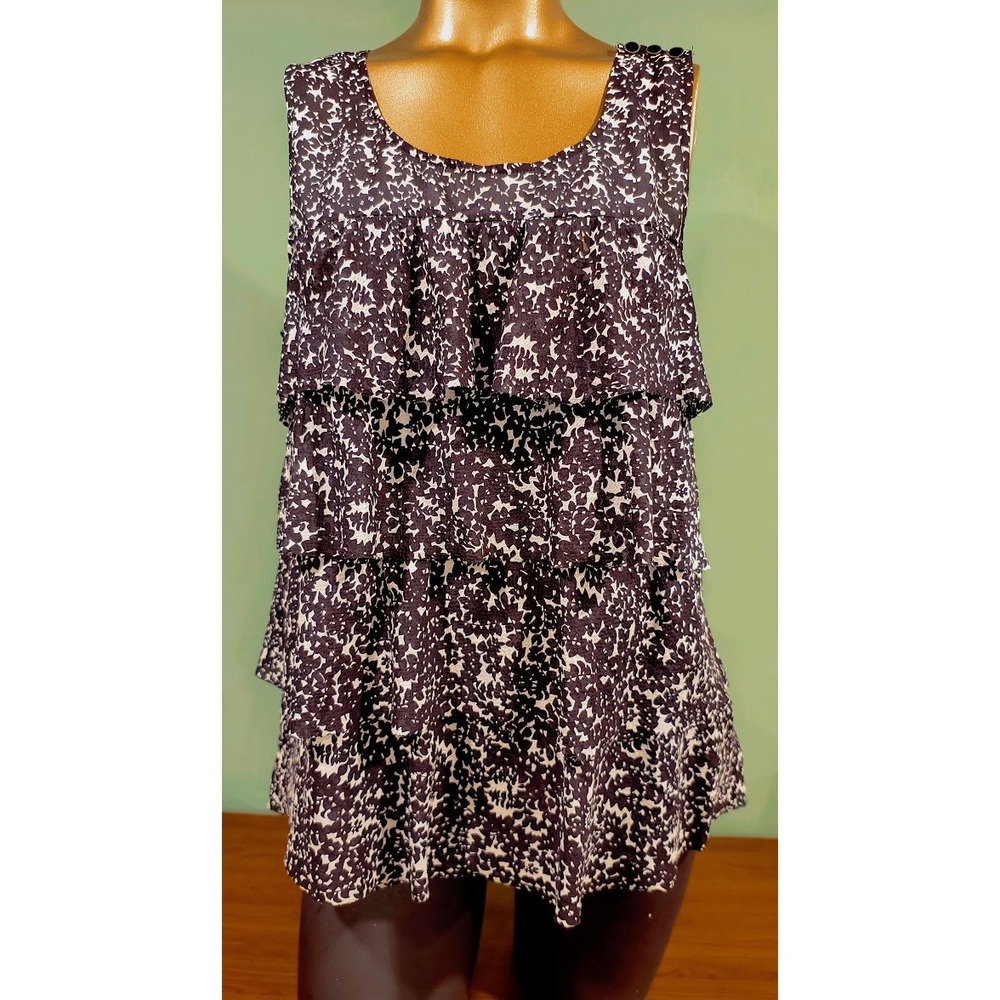 J. Crew Factory Silk Tiered Ruffle Sleeveless Blouse Black White Floral‎ Size 8